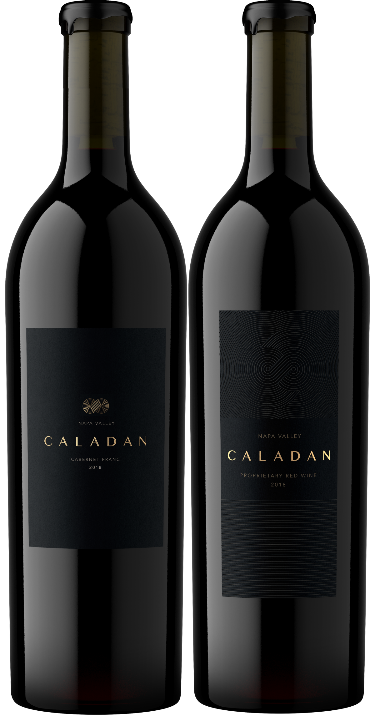 Caladan 2018 Cabernet Franc and 2018 Proprietary Red bottles